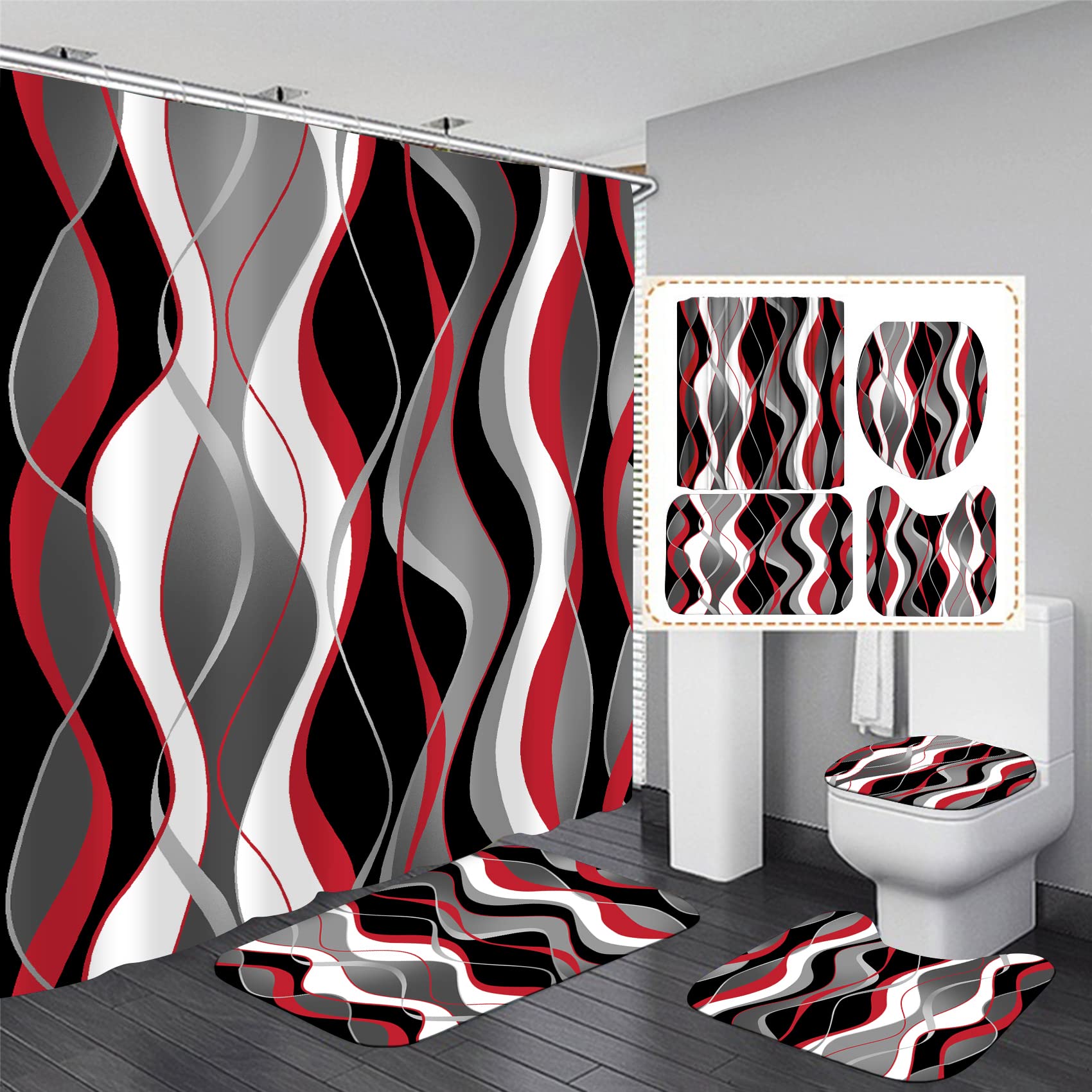 Photo 1 of Nkzply 4 Pcs Red and Black Shower Curtain Set Grey and White Bathroom Sets with Shower Curtain and Rugs Modern Striped Bathroom Decor Accessories Shower Curtains for Bathroom Toilet Lid Cover Hooks