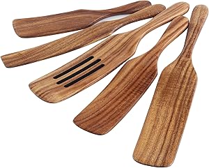 NIGILA 5Pcs Wooden Spoons Kit for Cooking Durable Acacia Wood Spurtles Kitchen Tools and Utensils Long Handle for Nonstick Cookware,Salad Strainer and Cake Make,Spurtles Kitchen Tools as Seen on TV