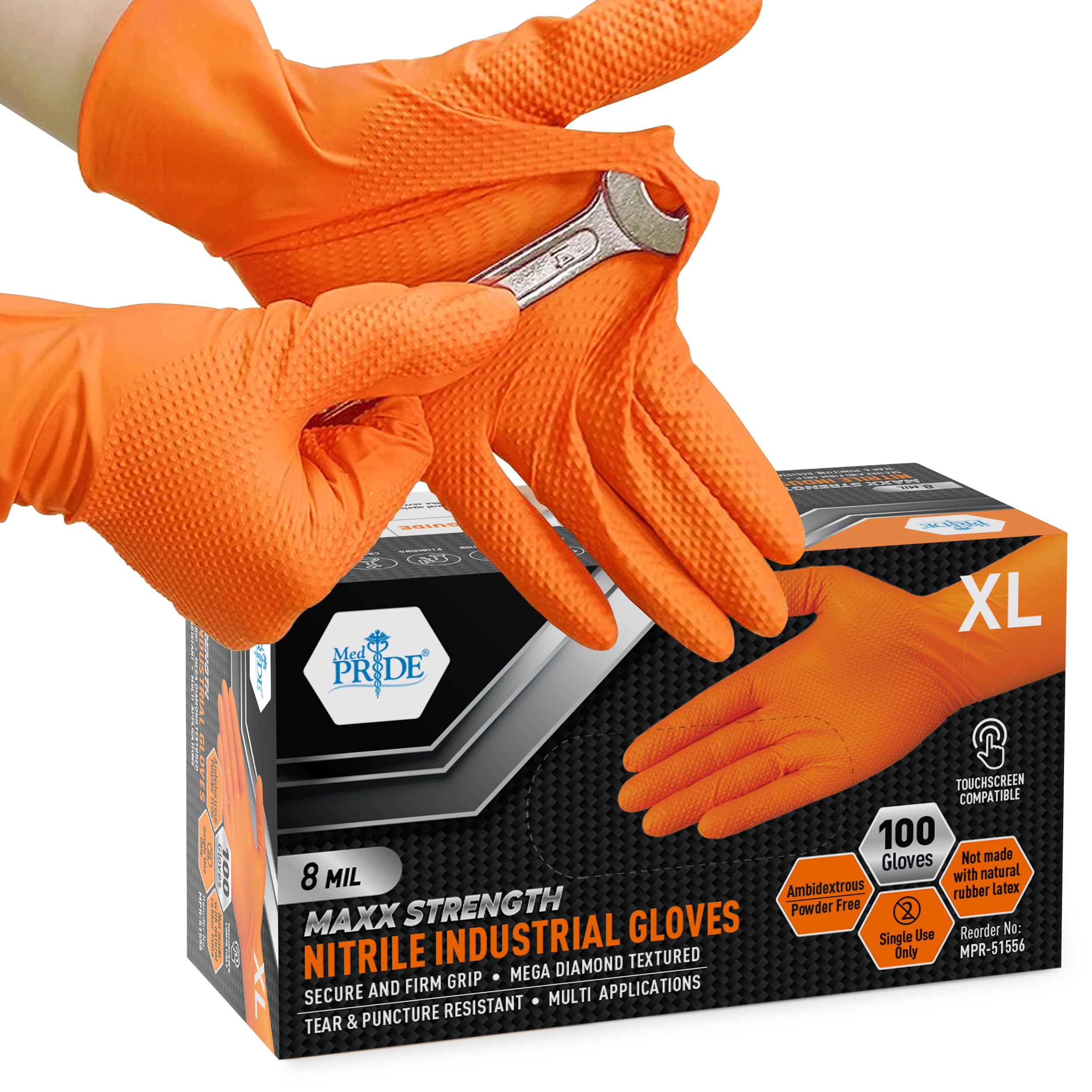 MED PRIDE Maxx Strength Nitrile Industrial Orange Gloves, Mil