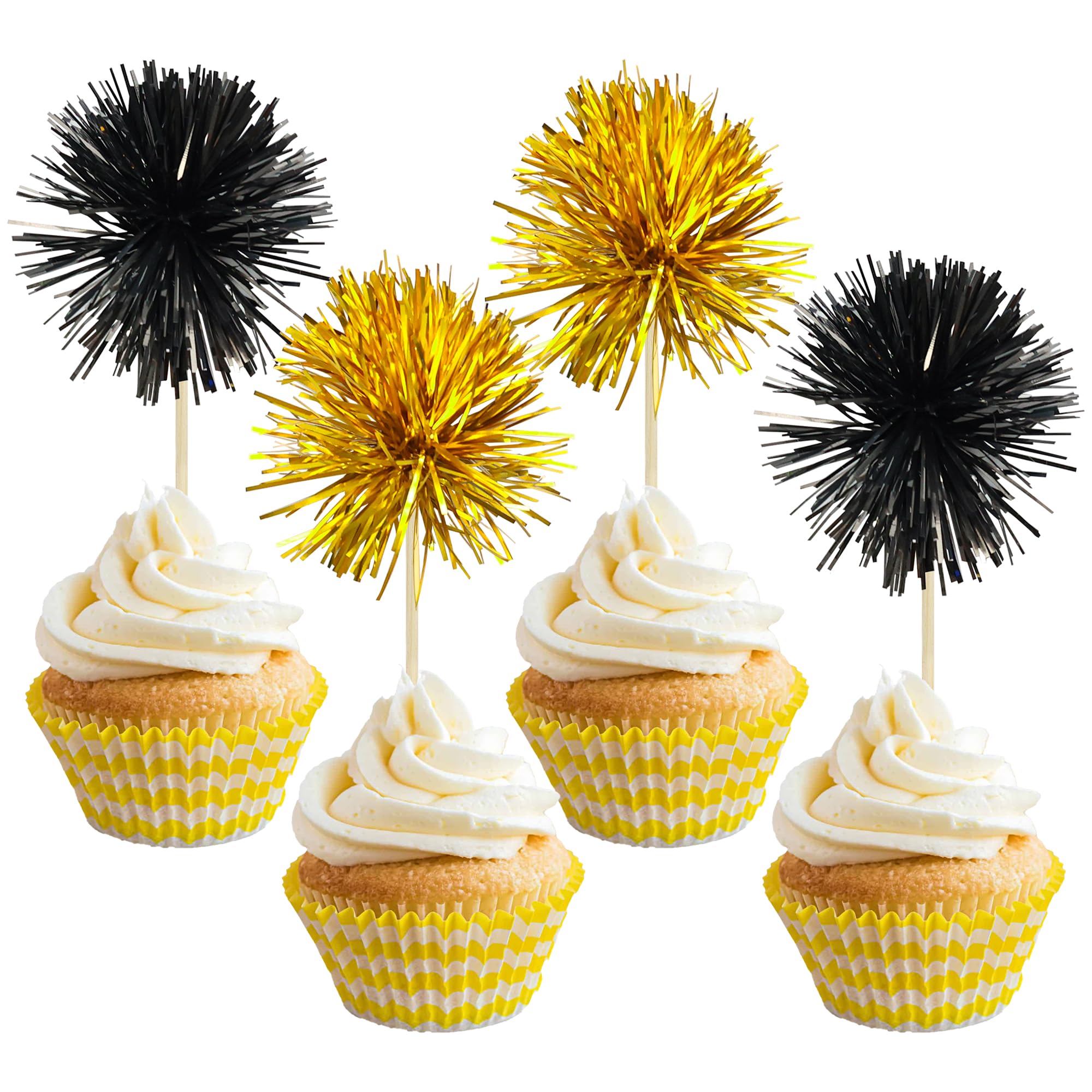 Photo 1 of Gyufise 30Pcs Foil Firework Cupcake Toppers Sparkle Tinsel Cake Toppers Tinsel Drink Cake Decoration Cocktail Picks for Birthday Wedding Graduation Party Supplies Gold Black
