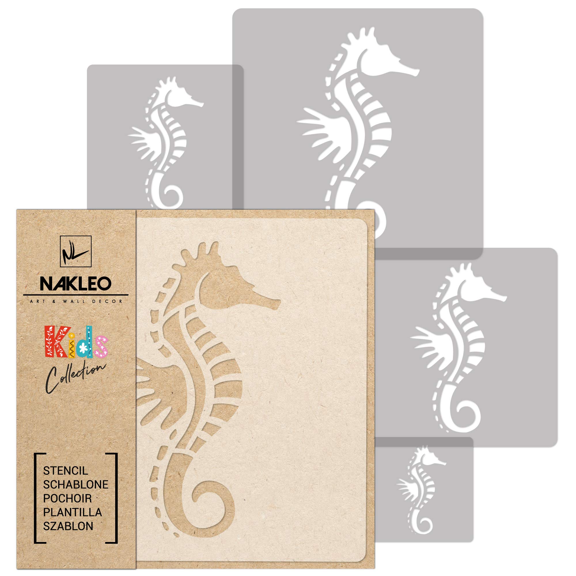 NAKLEO Painting Stencils Set for Nursery Room, 5 Pcs Templates 9x9 to 34x34cm Seahorse Ocean Animal, Plastic and Reusable Drawing Stencils, Decor, Craft DIY Wall Furniture
