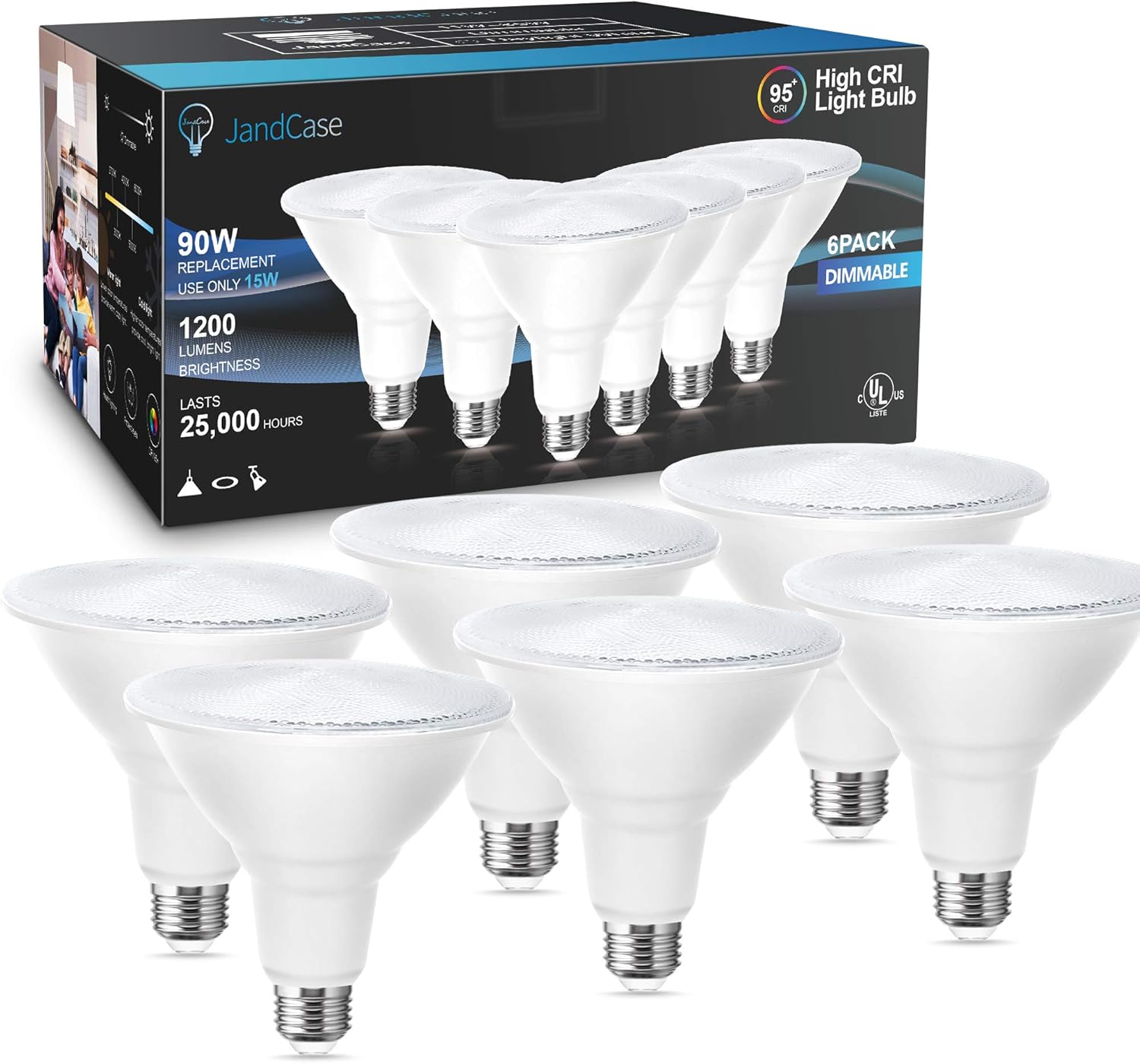 JandCase PAR38 Led Flood Light, 95 CRI, 15W Dimmable Waterproof Led Bulb, 90W Equivalent, 5000K Daylight White, 1200lm, UL Listed, Indoor/Outdoor Spotlight for Home, Backyard, E26 Base, 6 Pack