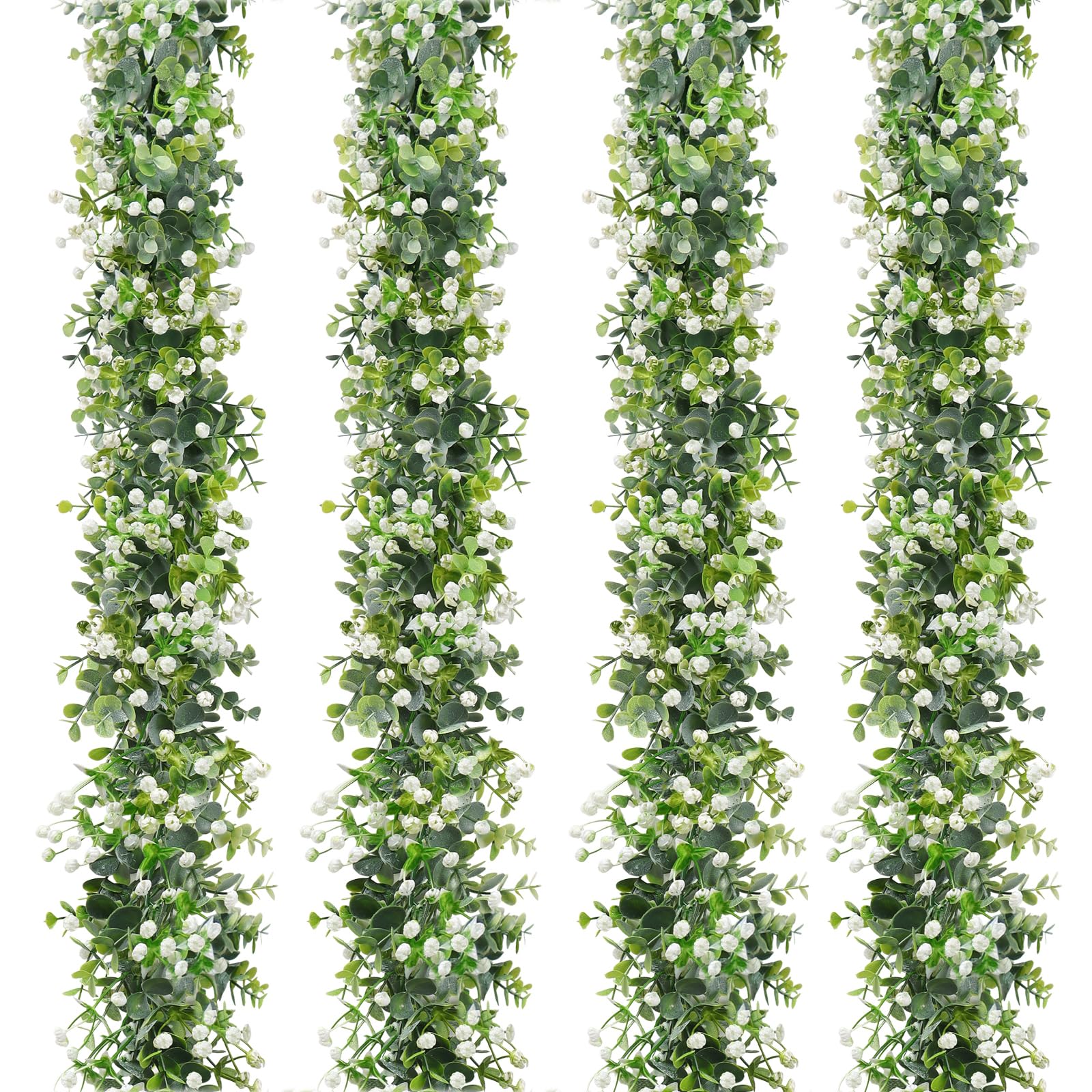 LOMOHOO 4PCS 24FT Artificial Eucalyptus Garland With White Flowers, Fake Leaves Green Garland Artificial Foliage Garland, Greenery Garlands for Home Decoration Wedding Backdrop Table Arch Wall Decor