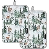 Krafig Christmas Forest Deer Pine Trees Pot Holder Set of 2, Kitchen Heat Resistant Potholder for BBQ Cooking Baking Microwave, Oven Hot Pads for Women Men