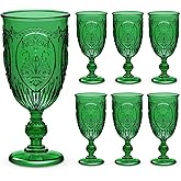 Wiwiqing 6 Pcs Plastic Goblets 7.5oz Vintage Goblet Plastic Wine Glasses Colored Retro Embossed Water Goblets for Wine Bar Juice Baby Shower Wedding Reception Grand Event Party (Dark Green)