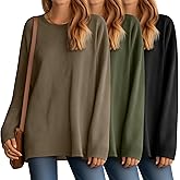 Velvelhall 3 Pack Women Waffle Knit Oversized Long Sleeve Shirts Drop Shoulder Tops Crewneck Pullover Casual Fall Tees