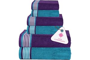 CASA COPENHAGEN Designed in Denmark 550 GSM 2 Large Bath Towels 2 Large Hand Towels 2 Washcloths, Super Soft Egyptian Cotton 6 Towels Set for Bathroom, Kitchen & Shower - Violet Indigo & Teal Green