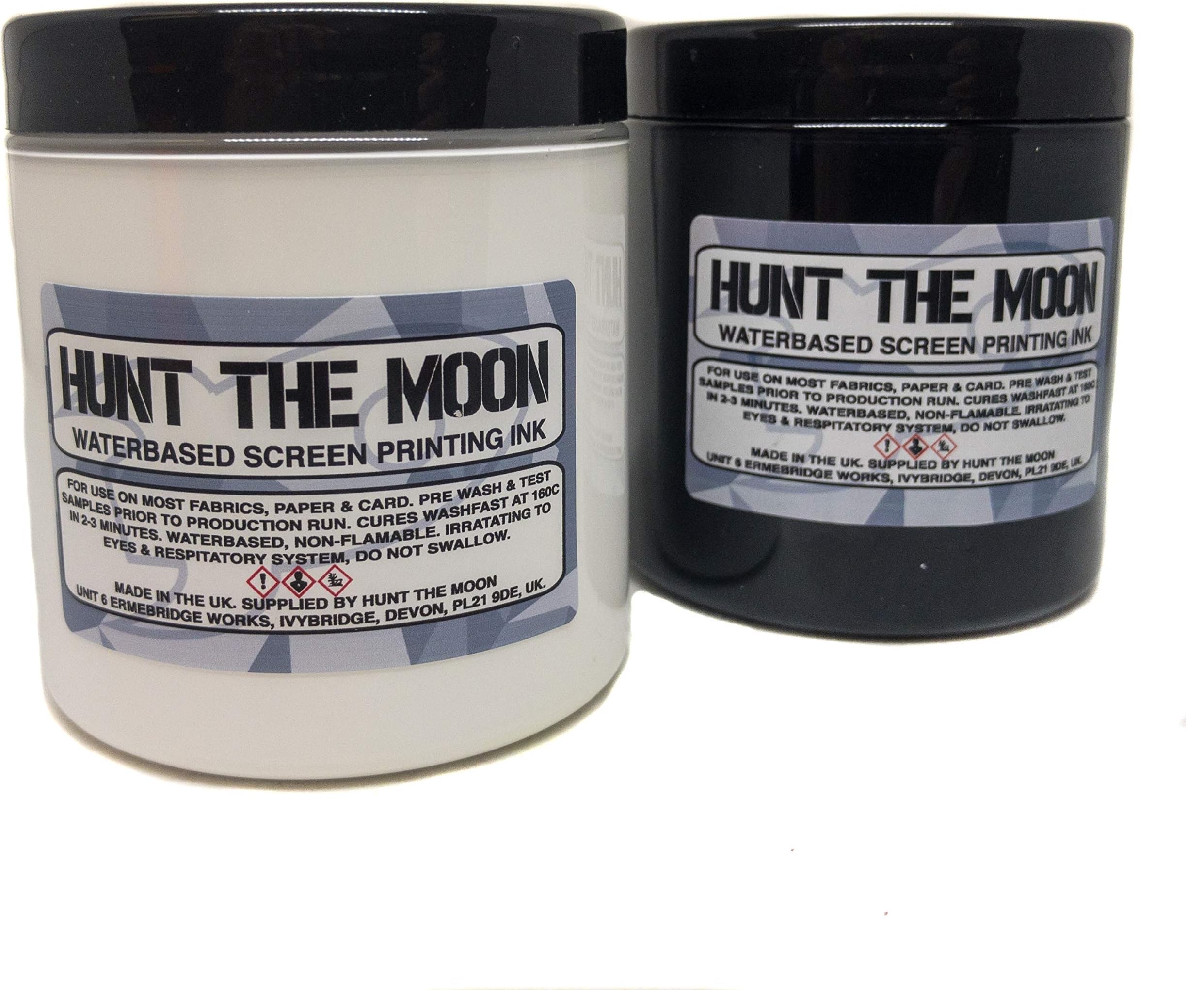 Hunt The Moon Black and White Water Based Screen Printing Ink, 2X 240ml, Starter Kit Trial Pack