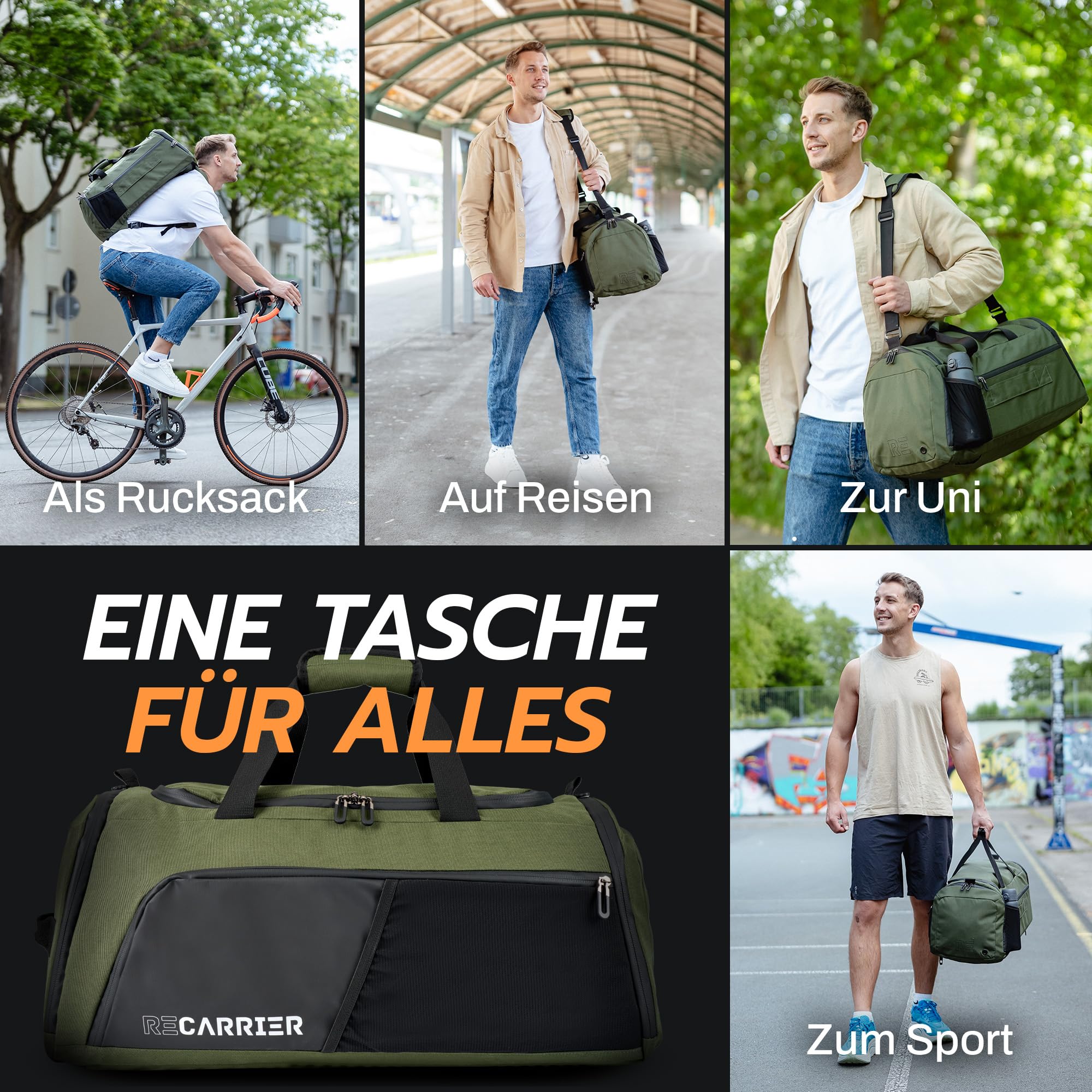 RECARRIER Sporttasche [RECYCELTES PET] 50L – Gym Bag und Rucksack in Einem –wasserdichte Trainingstasche Herren Damen–Sportrucksack wasserdicht mit Schuhfach Fitness, Reisetasche groß (Pinewoodgreen) 4