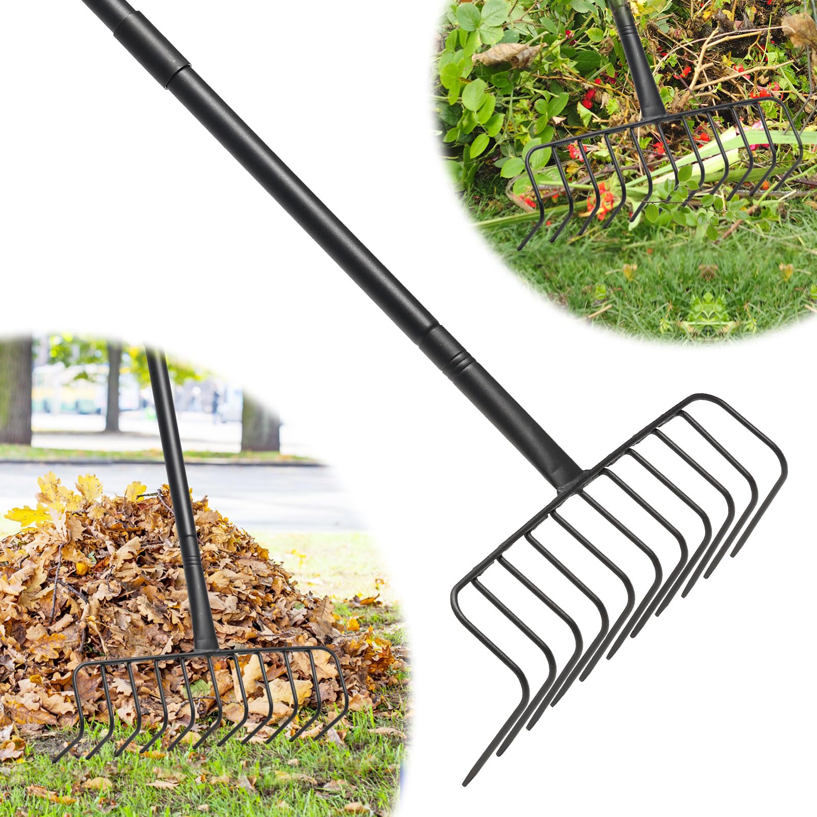 Photo 1 of Rake, Heavy Duty Garden Rake with 11 Tines, 51 Inch Handle, 16 Inch Wide, Metal Garden Thatch Leaf Rakes for Raking Gathering Mulch,Metal Bow Rakes for Lawn Yard Bushes Pine Needles Leaves Grass