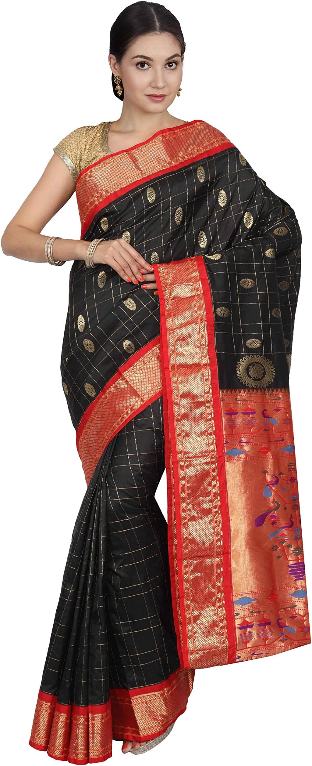 Women's Jari Checkered Paithani Pure Silk Saree