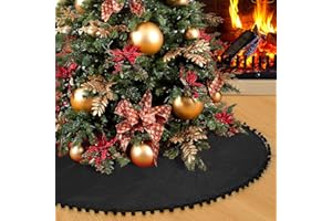 SevenFish Christmas Tree Skirt, Black Christmas Tree Skirt 36 inches Soft Double Layer Burlap Tree Skirt with Pom Pom for Rustic Christmas Halloween Decorations
