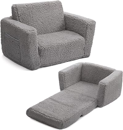 BEJOY Kids Sofa Bed 2-in-1 Flip Open Cuddly Sherpa Grey
