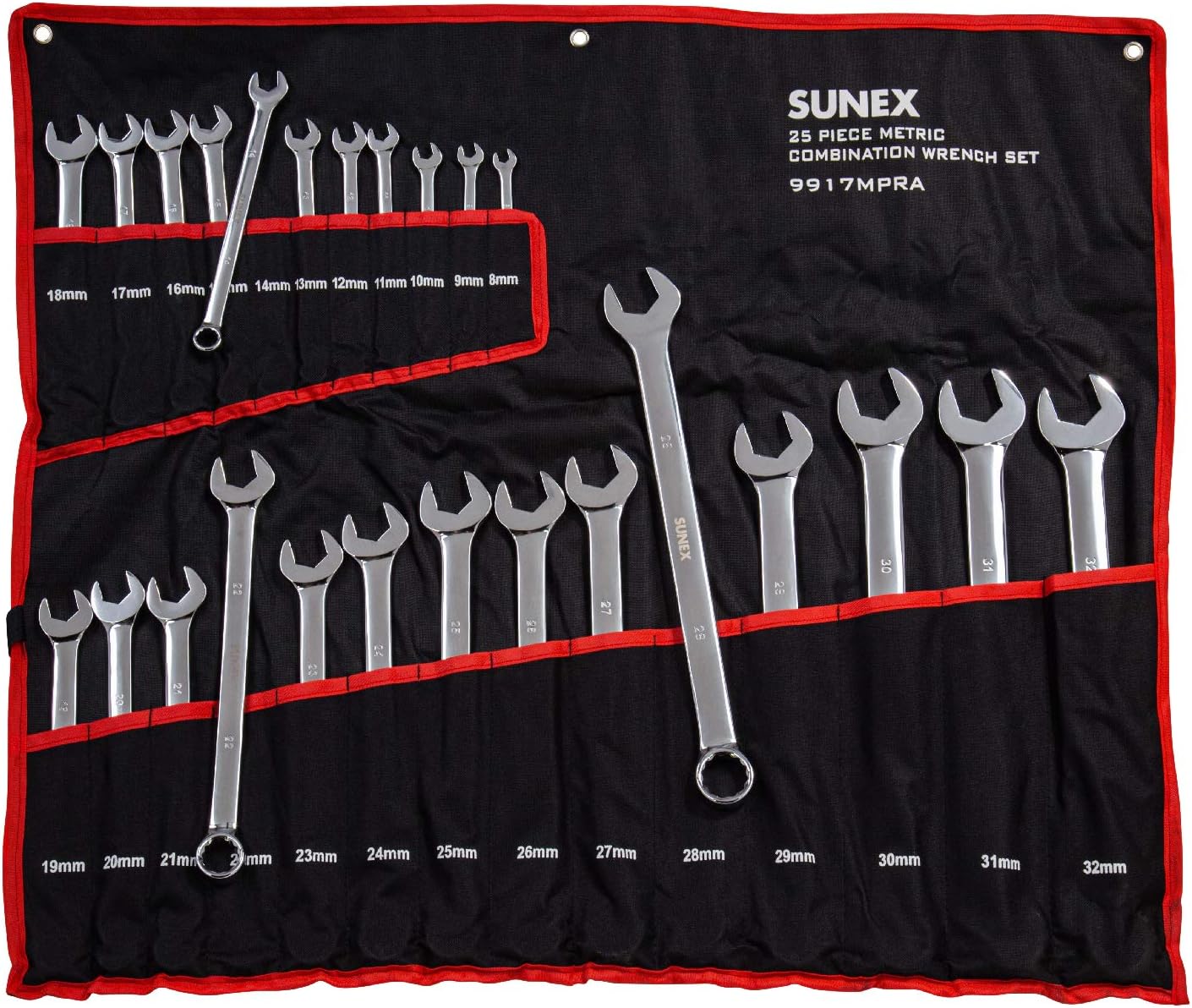 Sunex 9917MPRA Metric V-Groove Combination Wrench Set, 8mm - 32mm, Fully Polished, 25-Piece (Includes Roll-Case)
