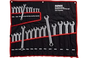 Sunex Tools 9917MPRA Metric V-Groove Combination Wrench Set, 8mm - 32mm, Fully Polished, 25-Piece (Includes Roll-Case)