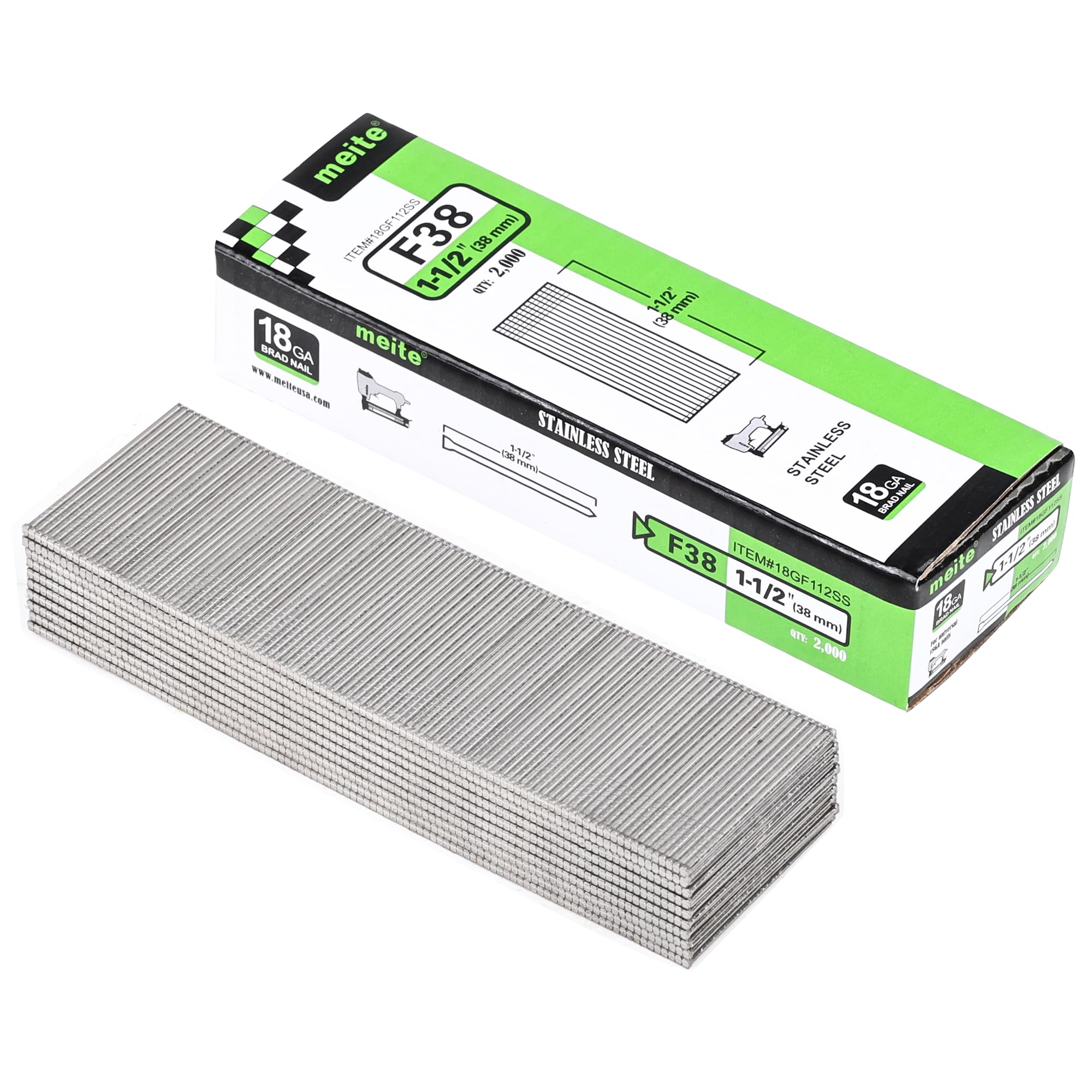 meite 18 Gauge Stainless Steel Brad Nails, Type 18G/38 mm 18GA Brad Nails, 304 Stainless Steel Small Finishing Nail Gun Nails for Pneumatic, Electric Brad Nailer Gun (2,000 Counts)