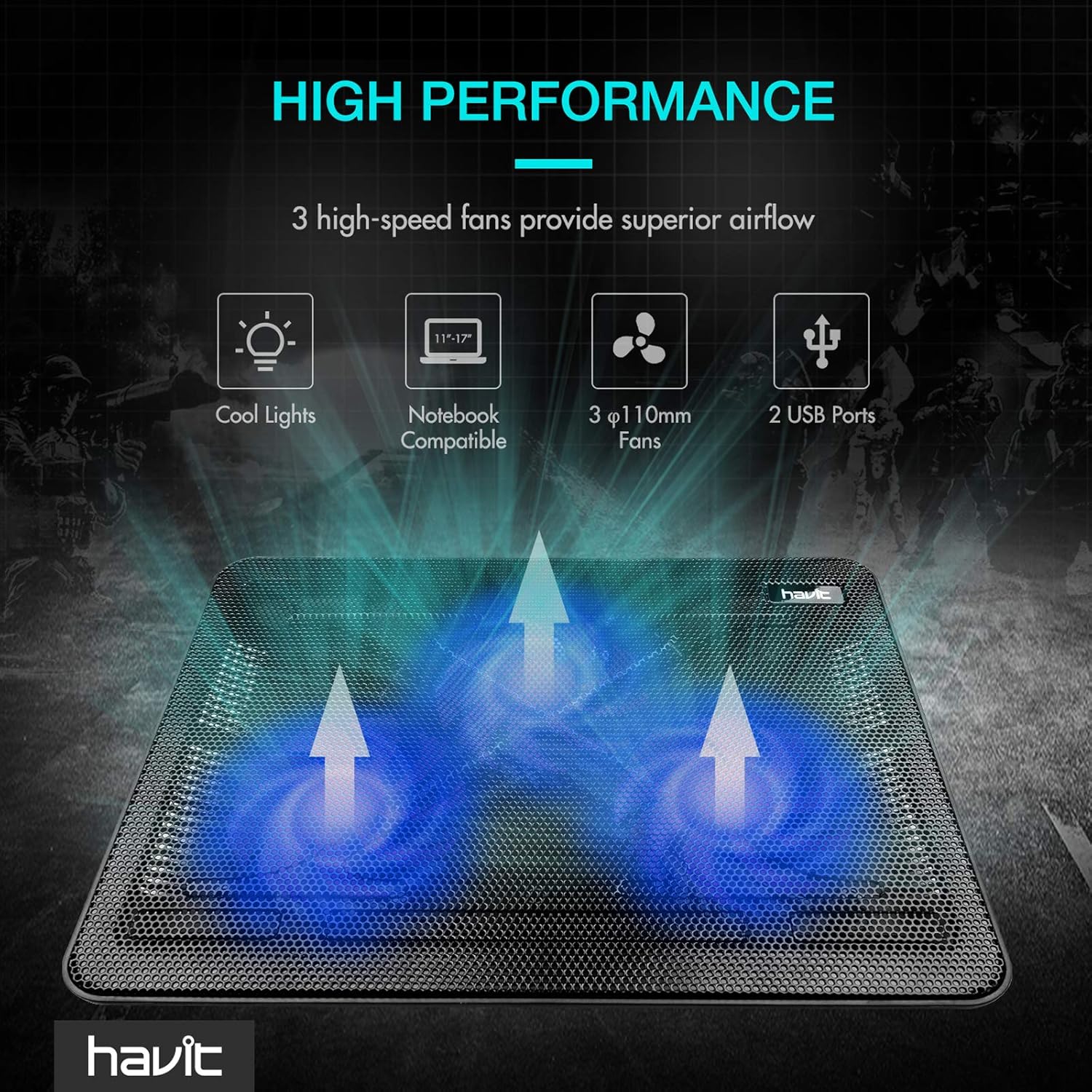 havit HV-F2056 15.6"-17" Laptop Cooler Cooling Pad - Slim Portable USB Powered (3 Fans), Black/Blue: Computers & Accessories