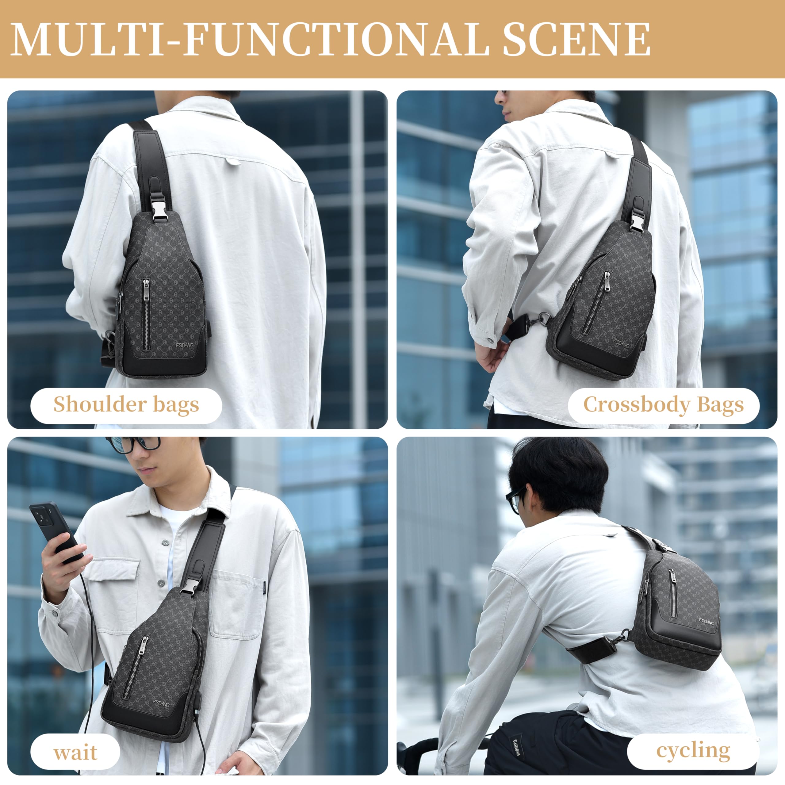 FSD WG Herren-Rucksack mit Umhängegurt – Brusttasche mit Umhängegurt, Umhängetasche für Reisen, Wandern, wasserabweisend, Schwarz , L 2