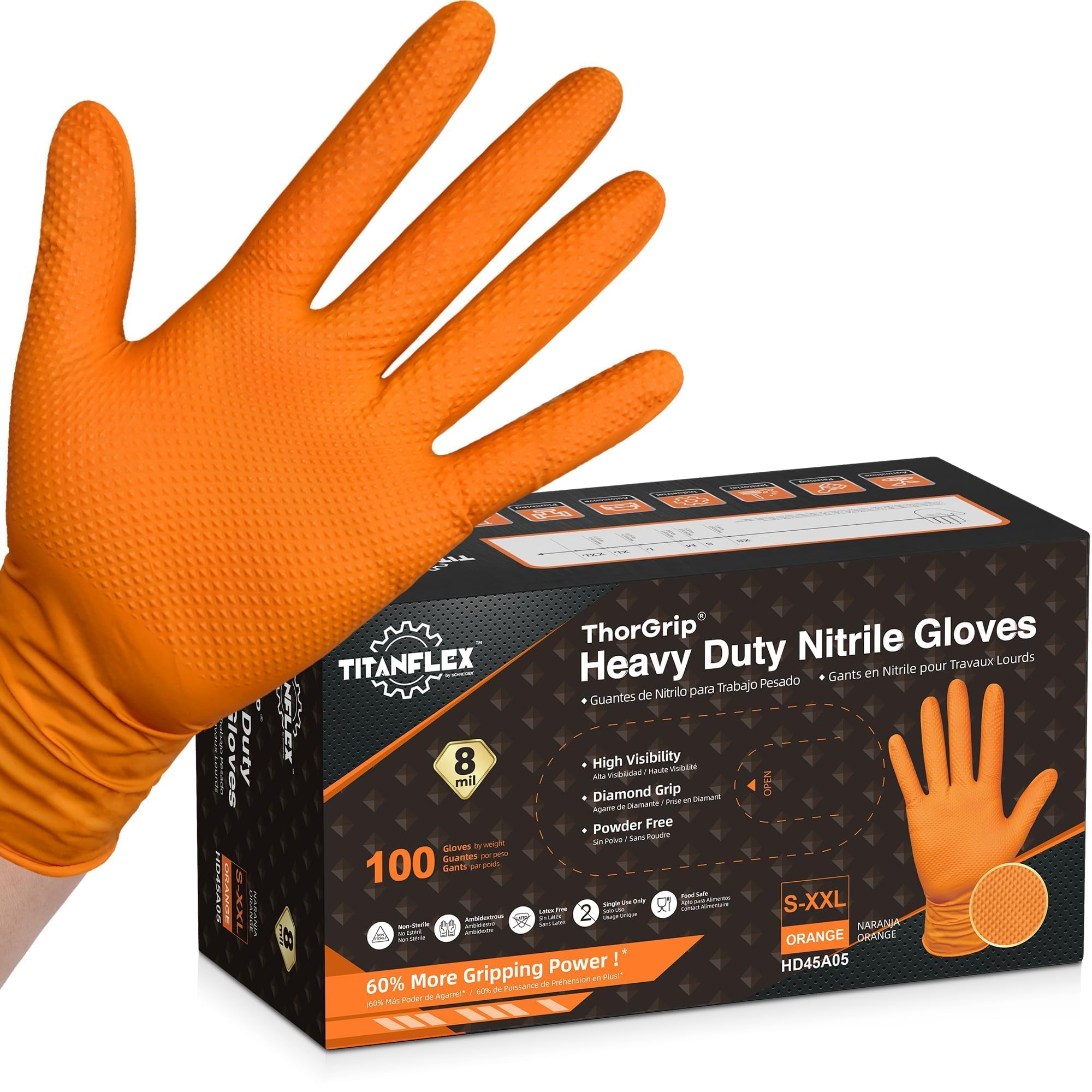 TitanFlex Heavy Duty Industrial Orange Nitrile Gloves, 8-mil, Gloves Disposable Latex Free with Raised Diamond Texture Grip, Powder Free, Rubber Glove, Mechanic Gloves,100-ct Box (Medium)