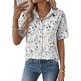 Rapbin Womens Short Sleeve Button Down Shirts Casual V Neck Collared Blouses Work Tops