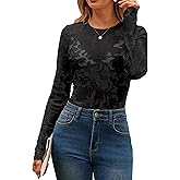 Glamaker Womens Mesh Long Sleeve Tops Lace See Through Sexy Crew Neck Eyelet Shirts Party Floral Club Dressy Blouse