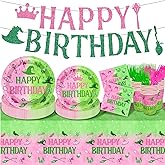 24 Set Pink and Green Witch Party Decorations Tableware Set Movie Themed Birthday Party Supplies Witch Princess Paper Plates Cups Forks Tablecloth Banner to Serve 24 Guest