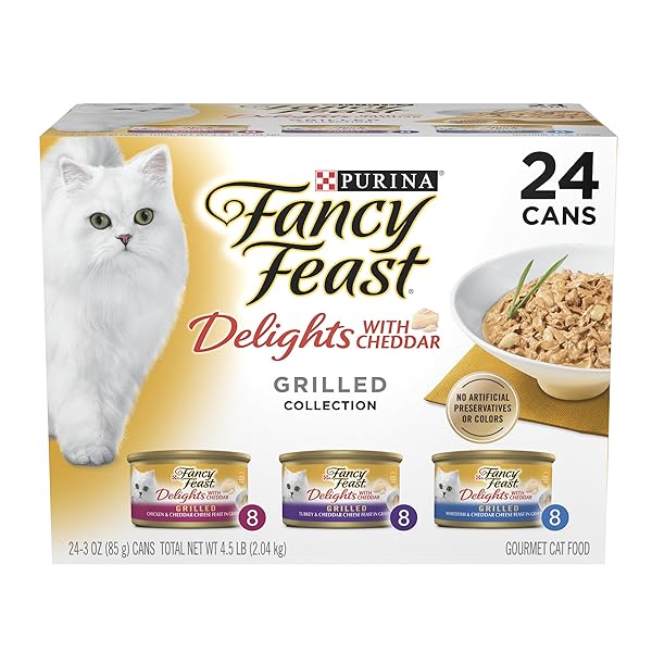 PURINA FANCY FEAST DELIGHTS WITH CHEDDAR GRILLED CHICKEN, TURKEY OR WHITEFISH AND CHEDDAR CHEESE FEAST IN GRAVY WET CAT FOOD VARIETY PACK – (PACK OF 24) 3 OZ. CANS