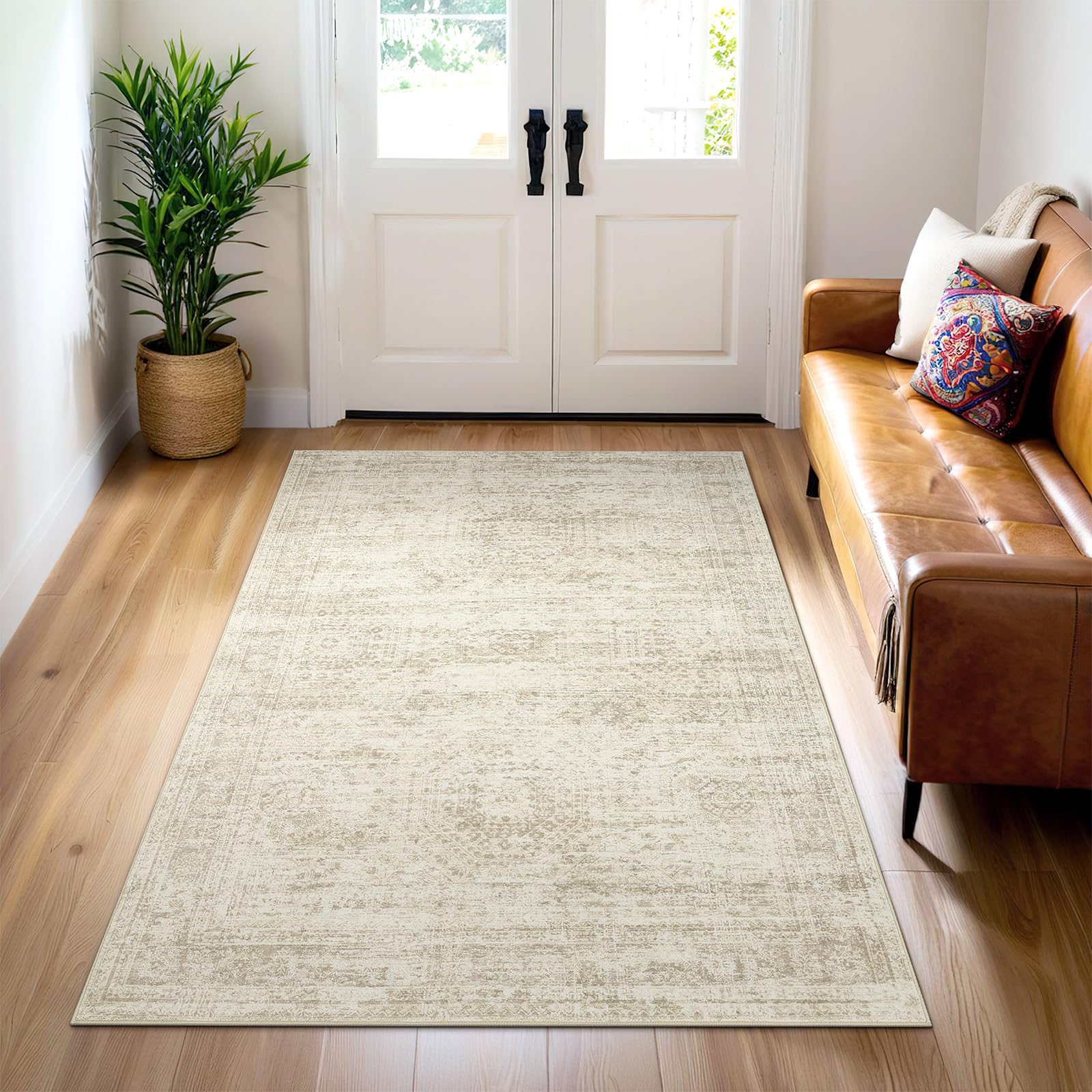 Photo 1 of 3x5 Rug, Small Area Rug for Kitchen, Entryway, Machine Washable Non-Slip Throw Rug, Vintage Carpet for Nursery Coffee Table Beige