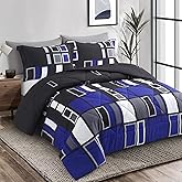 ARTALL Microfiber 3 Pieces Comforter Set Blue Gray Black Plaid Pattern Lightweight Bedding Set, King Size with 2 Shams