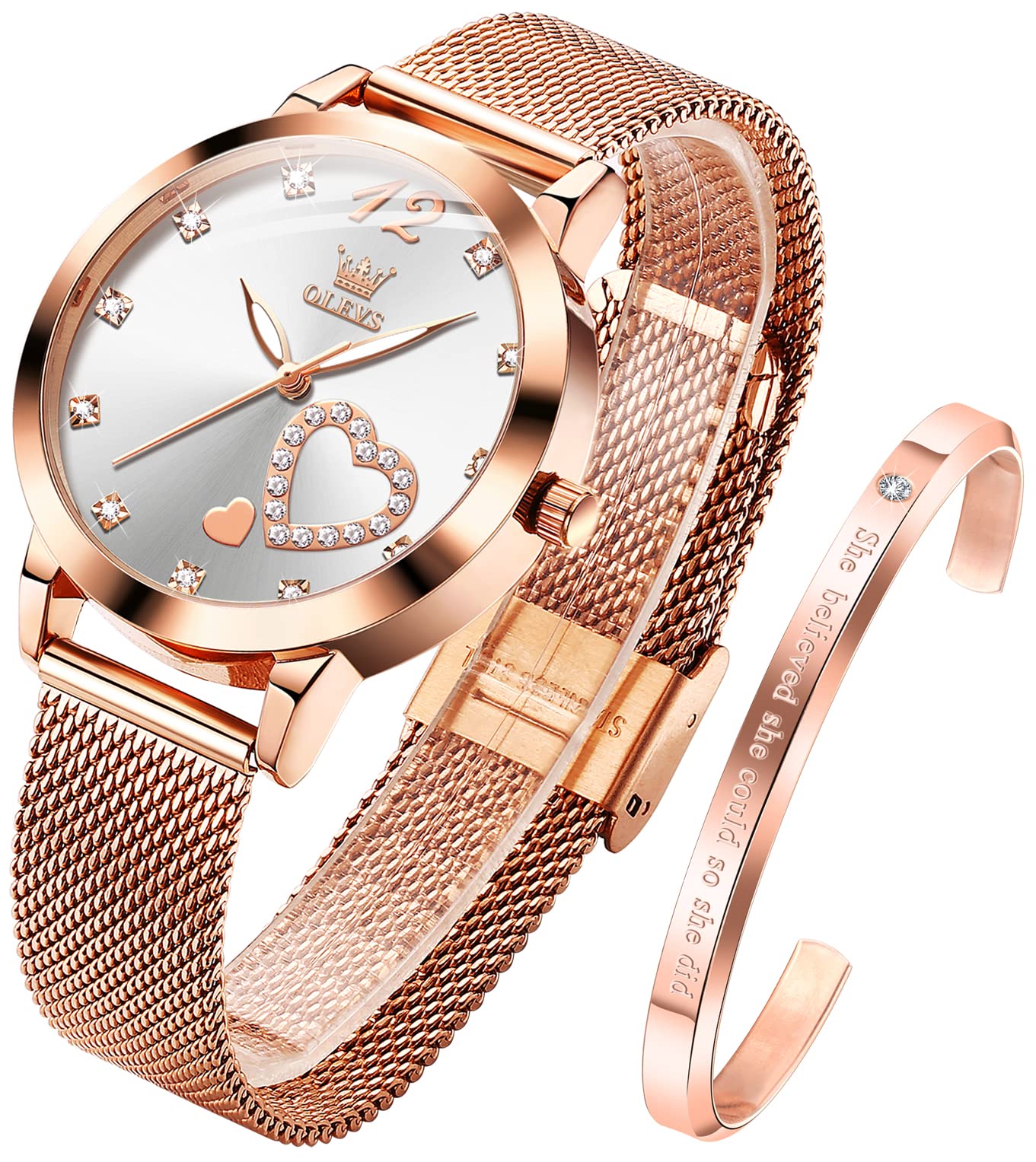 OLEVS Women's Rose Gold Watches Heart Diamond Girls Ladies Wristwatch Mesh Belt Watch and Bracelet Set Valentines Day Gifts