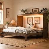 SOFTSEA Queen Size Horizontal Murphy Bed with LED Lights, Space-Saving Hideaway Wall Bed Cabinet for Small Spaces, Home Office, Bedroom, Brown