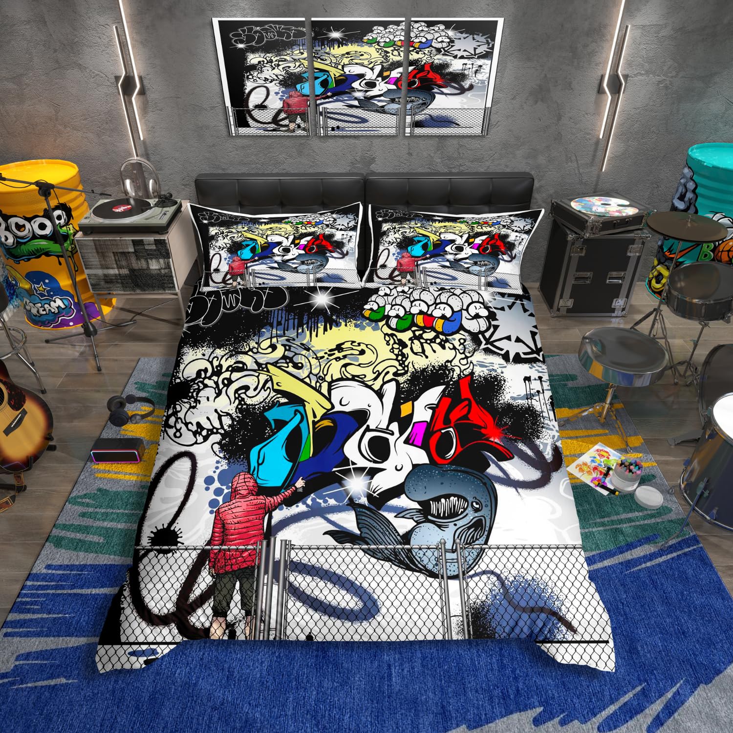 Homewish Graffiti Super King Duvet Cover Set Teenage Boy Hip Hop Bedding Sets for Kids, Graffiti Wall Art Design Comforter Cover Abstract Hippie Urban Doodle Pattern Duvet Set, 2 Pillowcases