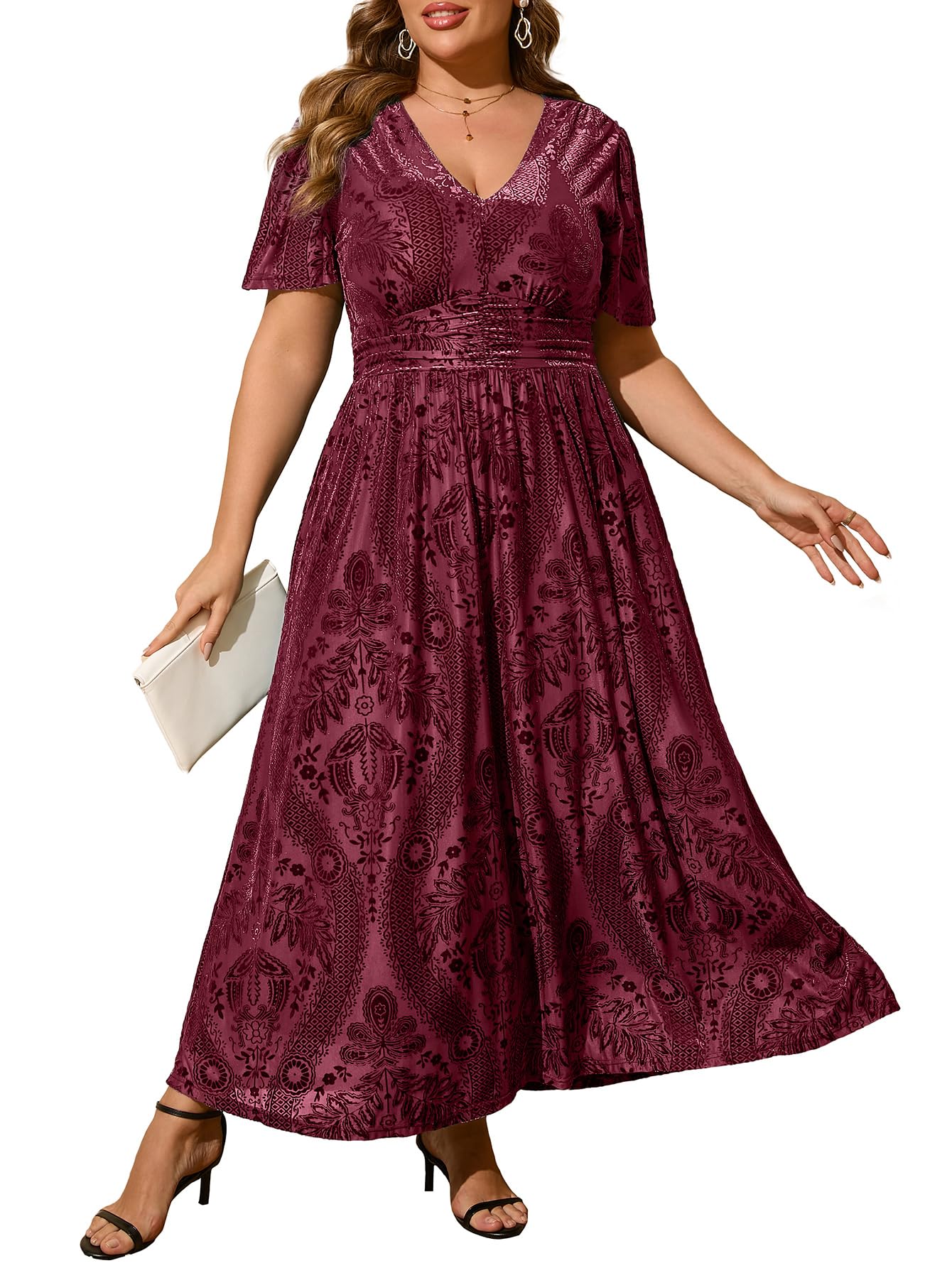 Simplee Womens Plus Size Velvet Formal Dress Short Sleeve V Neck Long Winter Wedding Guest Dress (3XL Burgundy) Image