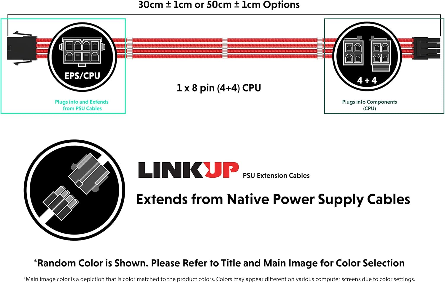 LINKUP - AVA 30cm EPS 8 Pin (4+4) CPU ATX Motherboard PSU Power Supply Braided Sleeved Custom Mod PC Extension Cable w/Combs - Image 3