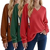 Sweetyweee 3 Pack Women's Oversized Nursing Tops Waffle Knit V Neck Breastfeeding Long Sleeve Shirts Hidden Zipper Sweatshirt(Watermelon Red, Green, Light Orange,Small)