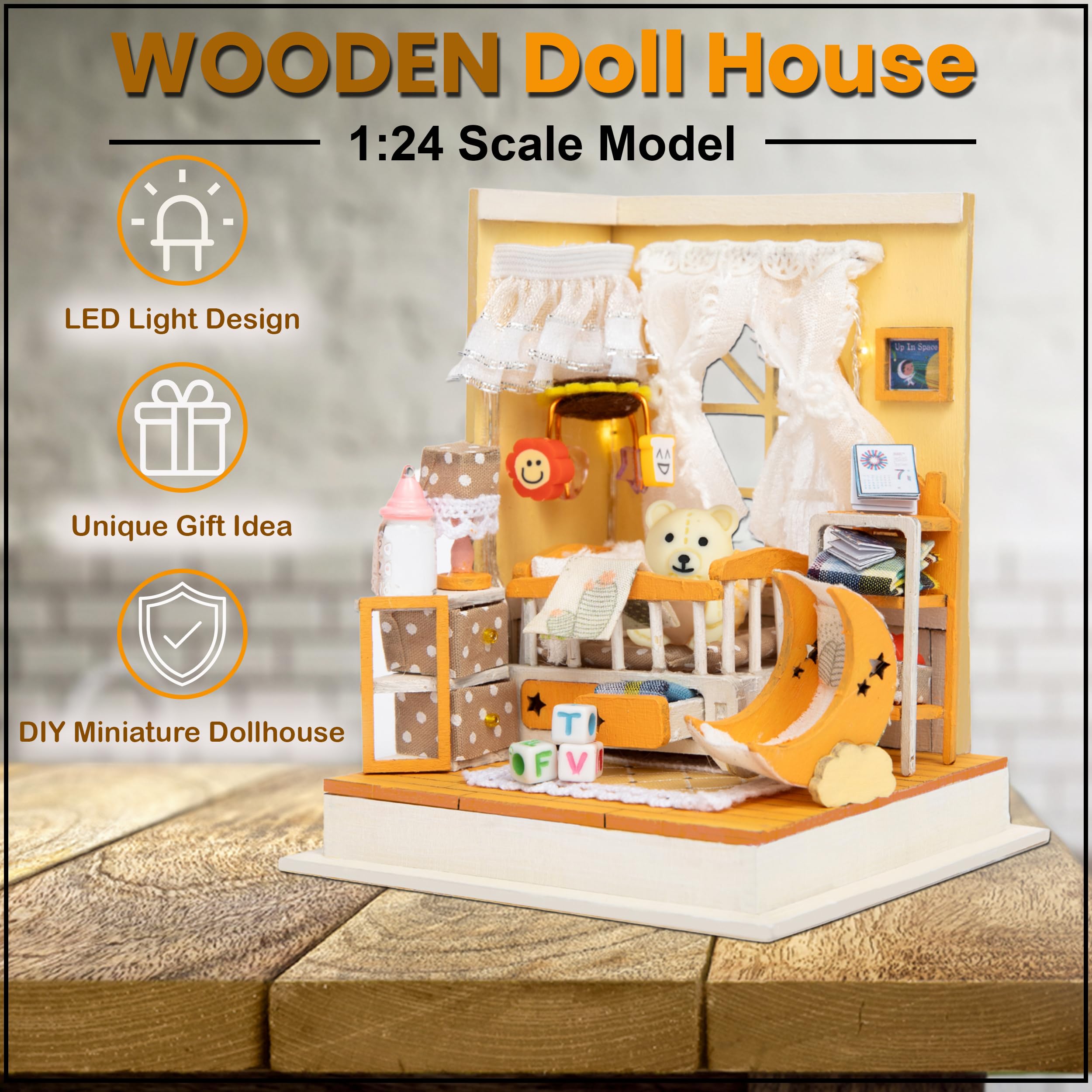 DIY Miniature Dollhouse Kit - Doll Kit with Furniture - 3D Wooden DIY Miniature Dollhouse Kit with Instructions, Nursery Accessories & LED Lights - Tiny House Miniature Kit 1:24 Scale