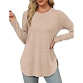 XIEERDUO Womens Long Sleeve Round Neck Shirts Side Split Basic Loose Tunic Tops Casual 2025