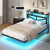 DWVO Full Size Floating Bed Frame with RGB LED Lights and Charging Station, Upholstered Platform Bed Frame with 2-Tier Storage Shelf Headboard, Solid Metal Slats, Noiseless, Easy Assembly, Black