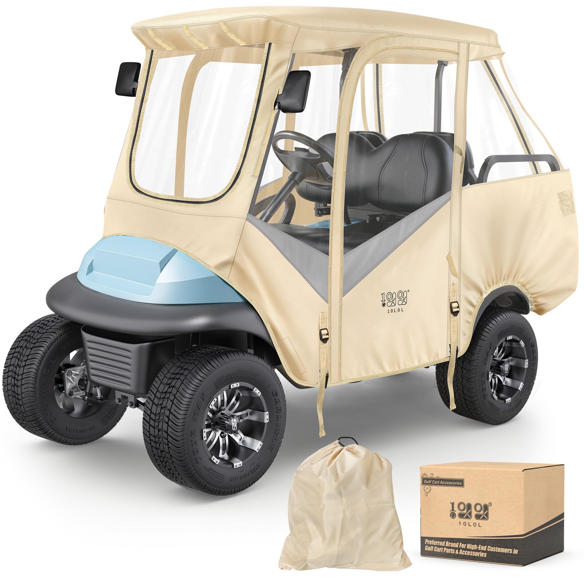 Photo 1 of 10L0L 4 Passenger Golf Cart Driving Enclosure for Club Car Precedent with Short Roof Up to 57", 4-Sided Clear Window 600D Rain Cover All Weather Windproof Waterproof - Beige with Grey