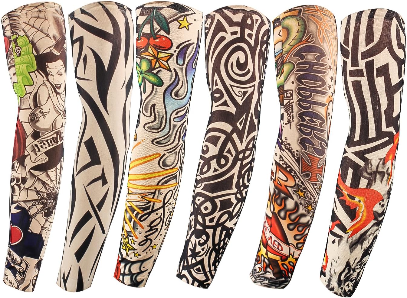 Diossad 6 Pcs Temporary Tattoos Sleeves Sunscreen Arts Fake Arm with Crown Heart Tiger Skull Tribal and Other Style