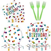 DEAYISTY Birthday Party Supplies Set, Colorful Polka Dot Design, 16 Dinner Plates, 16 Dessert Plates, 16 Napkins, 16 Green Forks, Party Tableware set