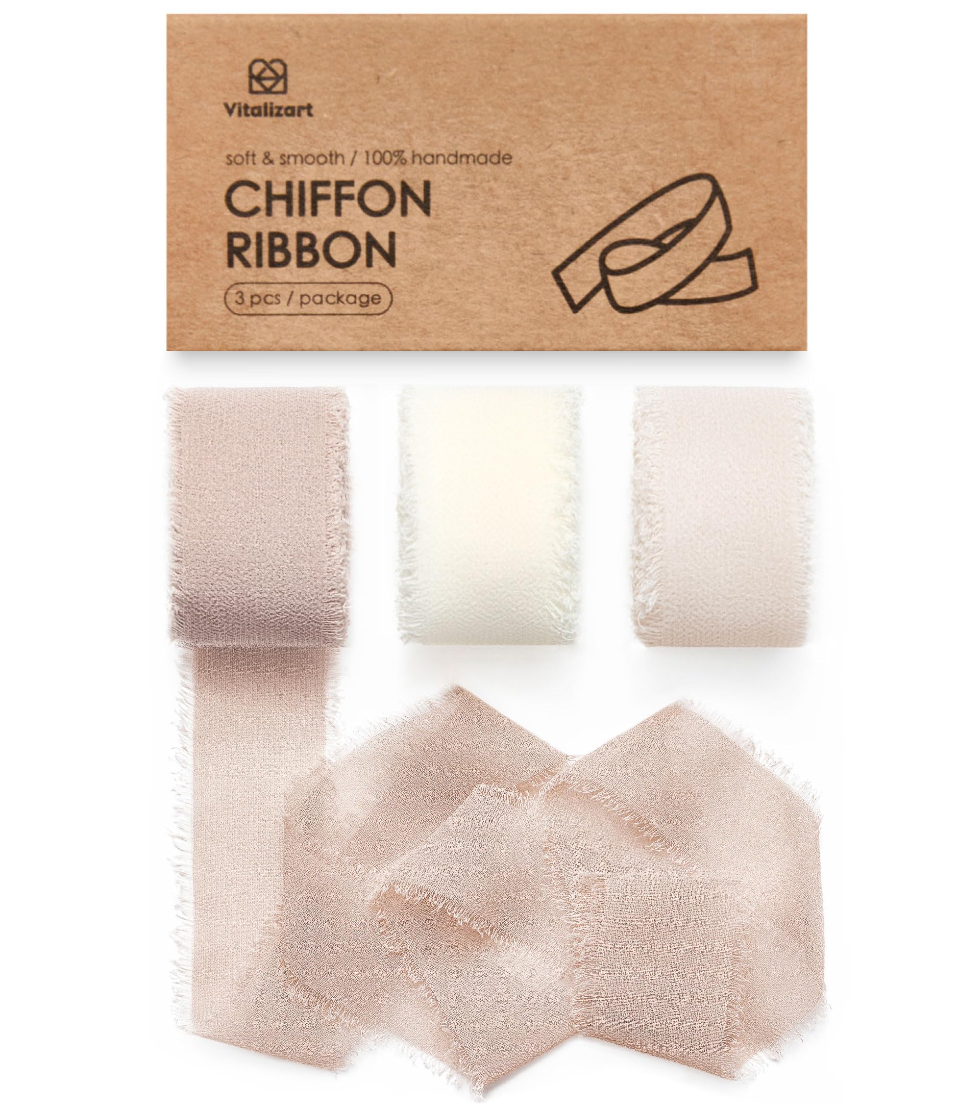 Photo 1 of Vitalizart Chiffon Silk Ribbon 1" x 21 Yd Nude & White Fringe Fabric Package (3 Rolls * 7 Yd) for Wedding Invitations Bridal Bouquets Decorations Gifts Wrapping & Bow Making