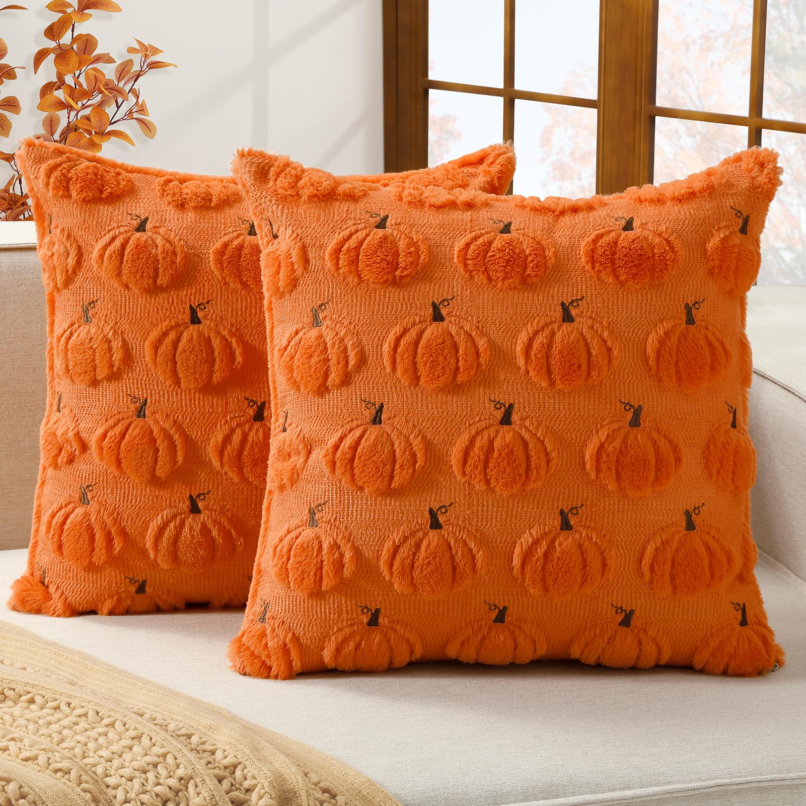Photo 1 of ***BROKEN ZIPPER*****Softalker Fall Decorative Throw Pillow Covers 16 x 16 Inch Set of 2, Thanksgiving Autumn Harvest Pumpkin Faux Fur Cushion Covers, 3D Embroidered Pillow Cases For Couch Bedroom Living Room Decor,Orange