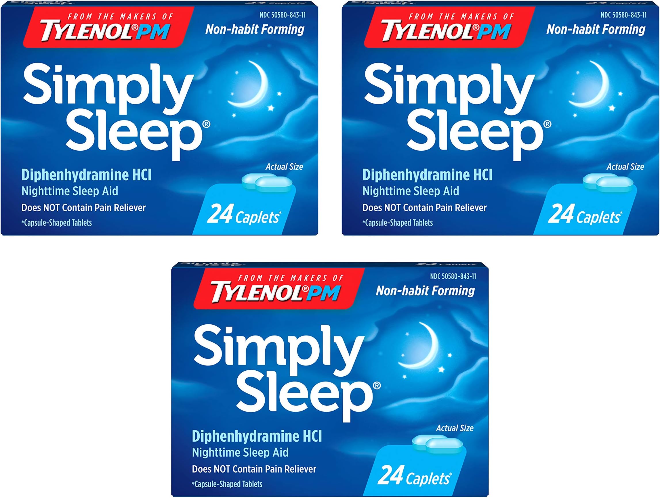 Simply Sleep Nighttime Sleep Aid Caplets with 25 mg Diphenhydramine HCl, Non-Habit Forming, 24 ct (Pack of 3)