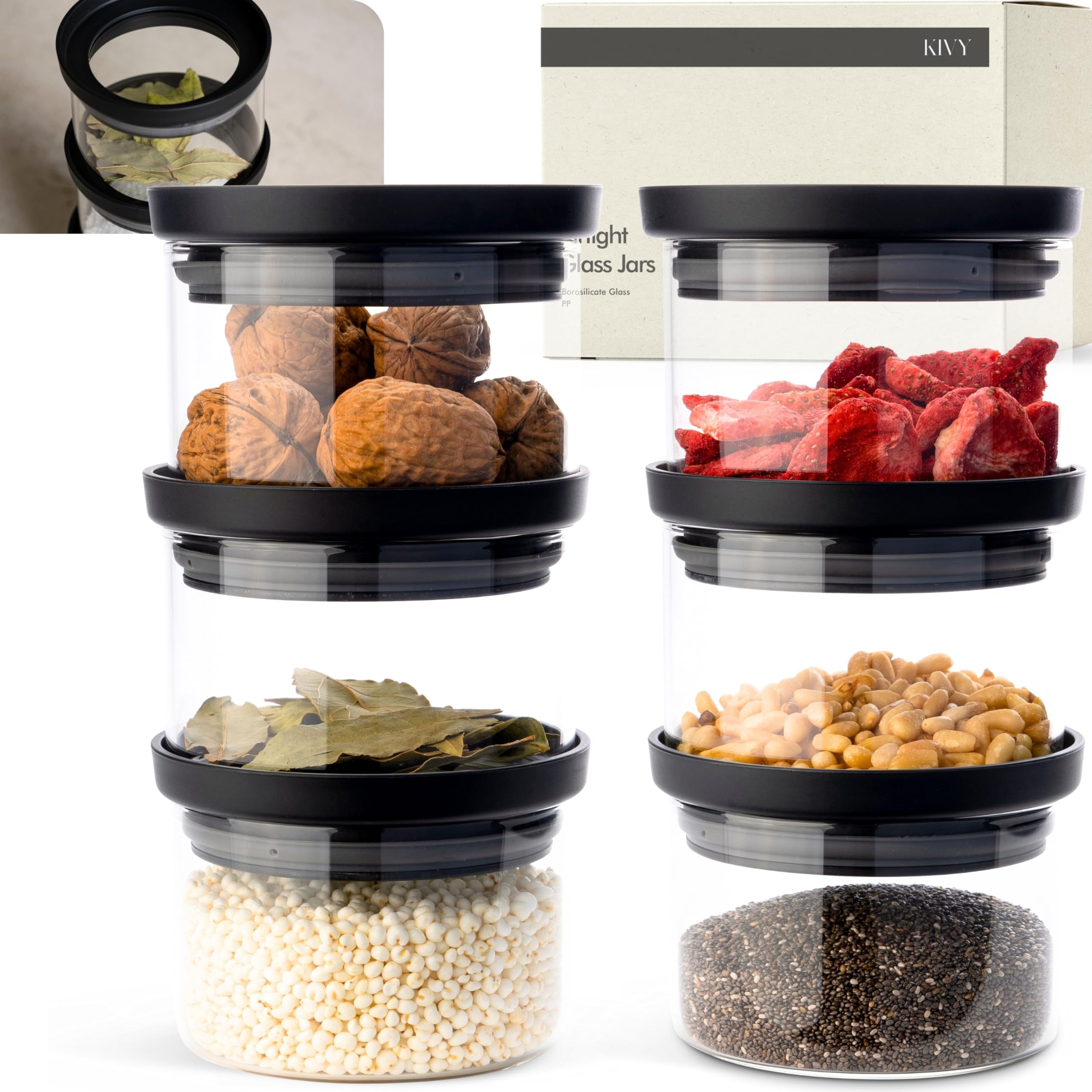 KIVY Small Storage Jars with Transparent Glass Lids [6 x 350 ml] Airtight Spice Jars Stackable - Spice Container Glass - Jars Spice Drawer - Spice Jars - Spice Storage