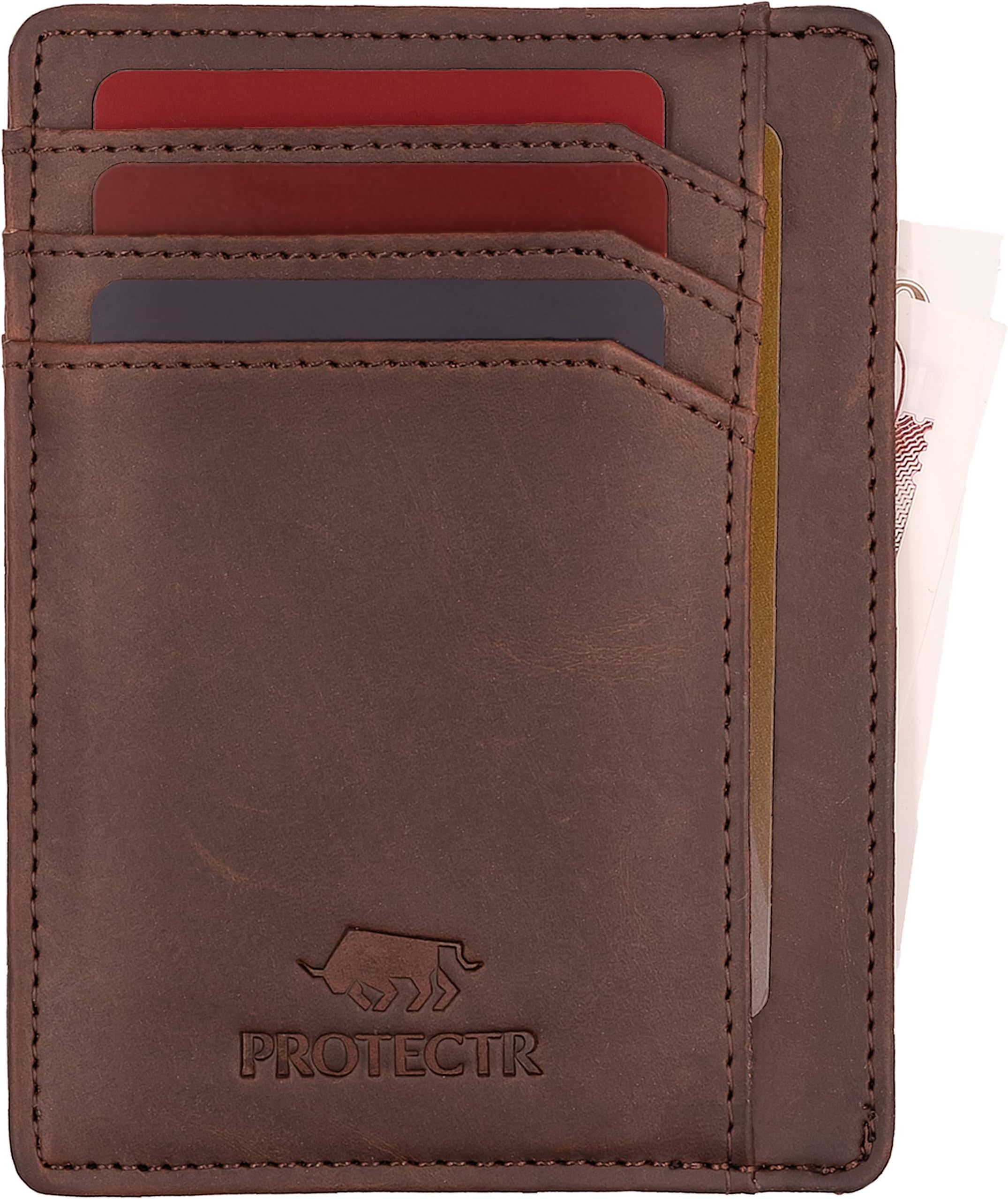 PROTECTR® Leather Card Holder Wallet | Minimalist Elegant Slim Credit Card Holder | RFID Blocking Wallet with Luxury Gift Box | Crazy Horse Brown Leather Smart Wallet for Men
