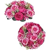 BLOSMON Peony Artificial Flowers Ball: 2pc 9.5 Inch Hot Pink Floral Arrangement for Centerpieces - Easy to Use Wedding Dinning Table Decoration - Fake Silk Peony Kissing Ball Home Party Decor