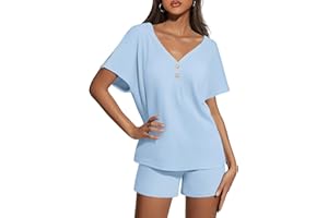 Ekouaer Womens 2 Piece Short Sets Waffle Knit Lounge Set Women's Pajama Set Summer Outfits V Neck and Shorts with Pockets