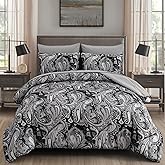 DJY Black Paisley Comforter Set King Size, 7 Piece Bed in a Bag Black Gray Boho Paisley Pattern Comforter Set, Soft Lightweight Microfiber Reversible Bedding Set for All Season (104''x90'')