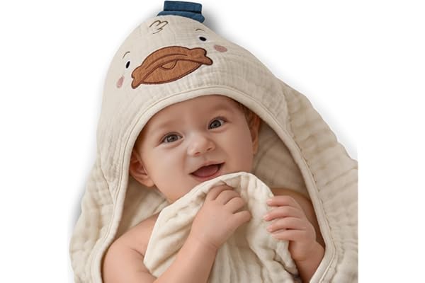 Blissful Diary Muslin Baby Hooded Towel 1 Pack, Soft & Absorbent Bath Towel for Infant, Toddler, Unisex, Baby Gift, Newborn Essentials, Dapper Duck